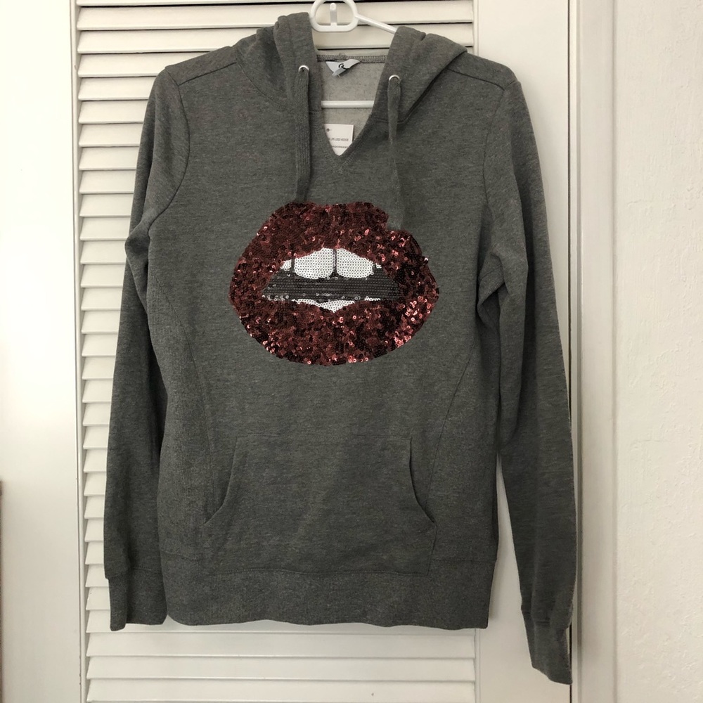 G by Guess gray sequin lips hoodie